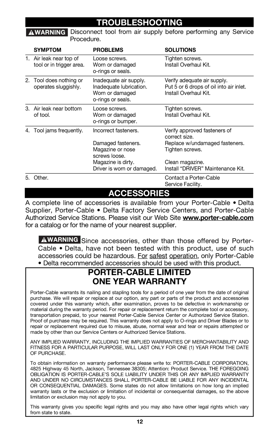 Porter-Cable DA250B instruction manual Troubleshooting, Accessories 