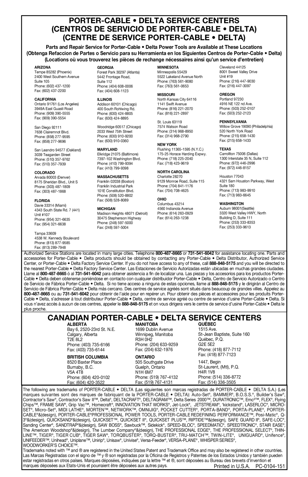 Porter-Cable DA250B instruction manual Canadian PORTER-CABLE Delta Service Centers 