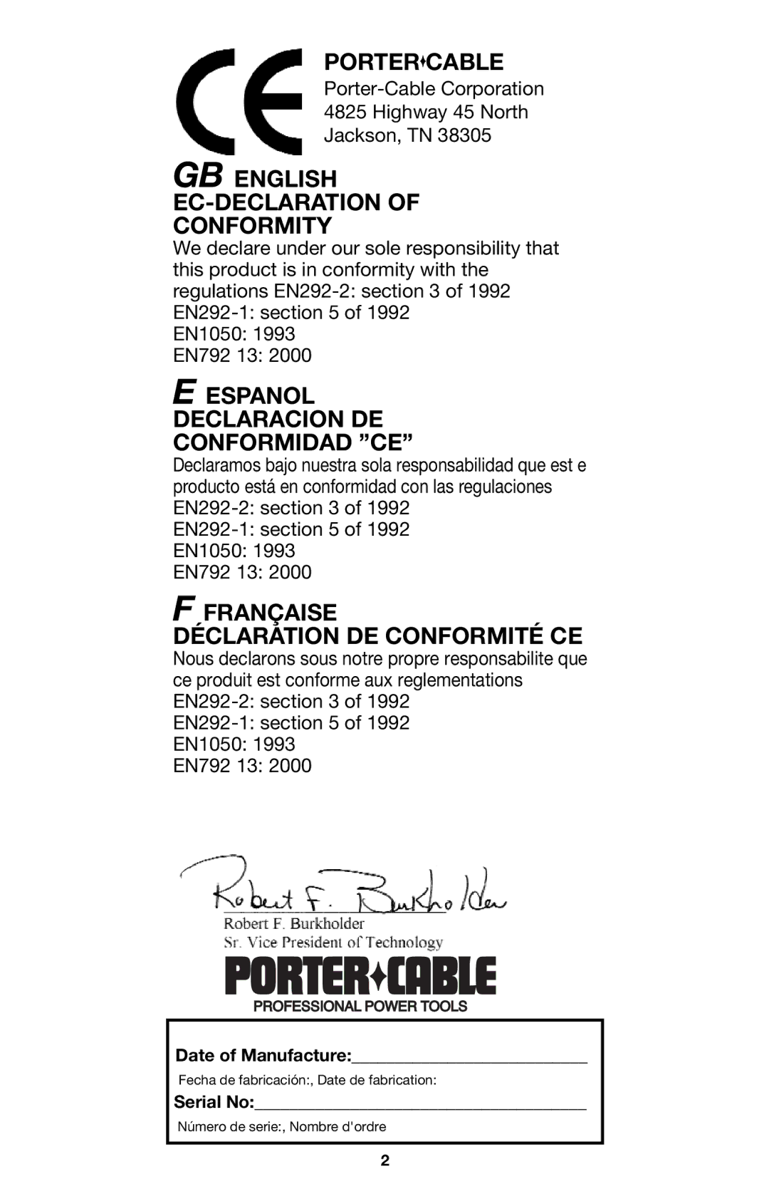 Porter-Cable DA250B instruction manual Portercable 