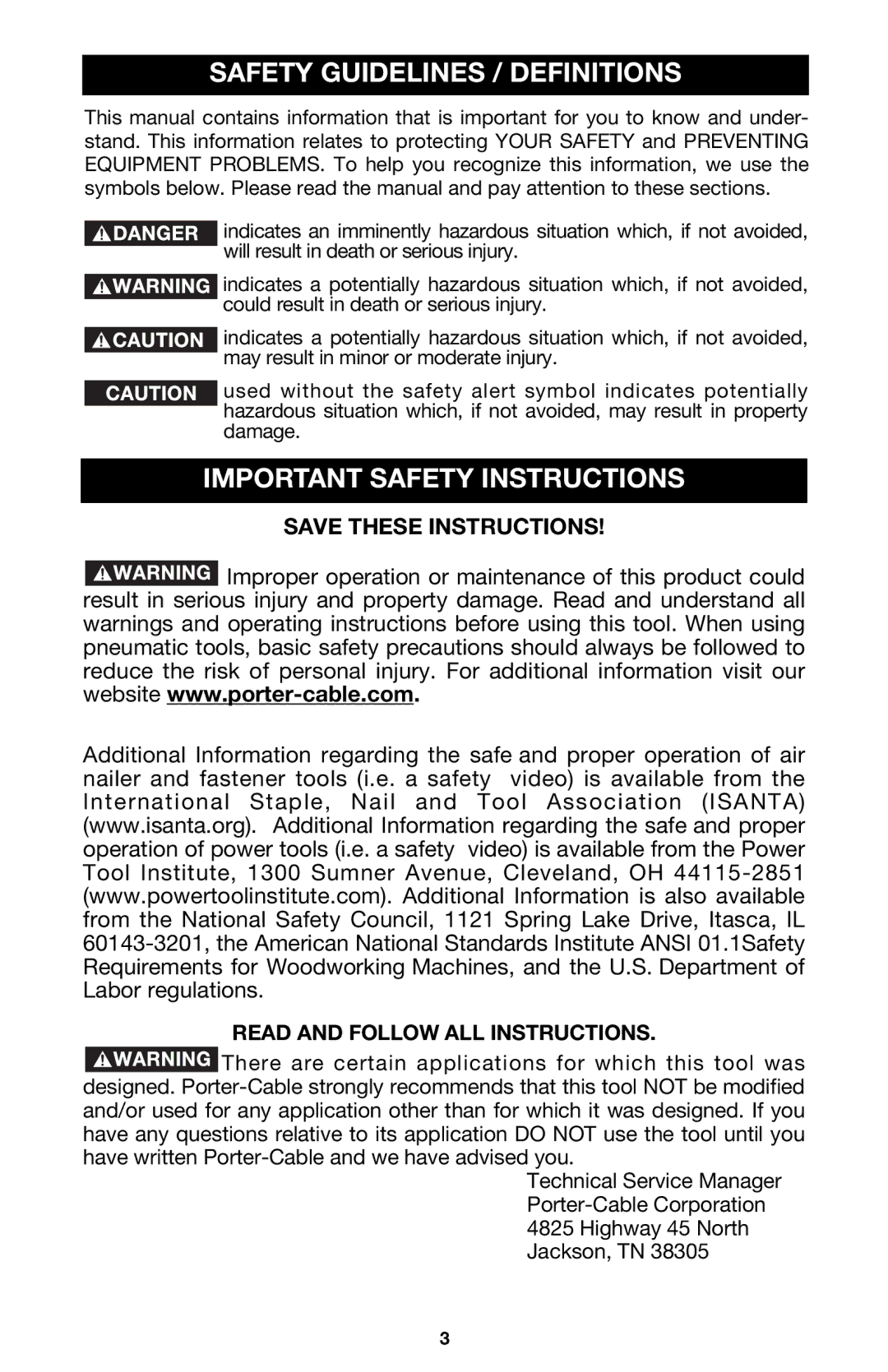 Porter-Cable DA250B instruction manual Safety Guidelines / Definitions, Important Safety Instructions 