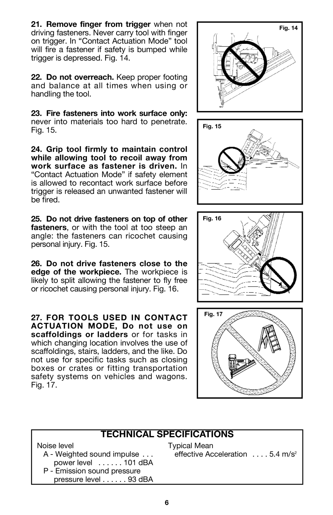 Porter-Cable DA250B instruction manual Technical Specifications, Noise level 