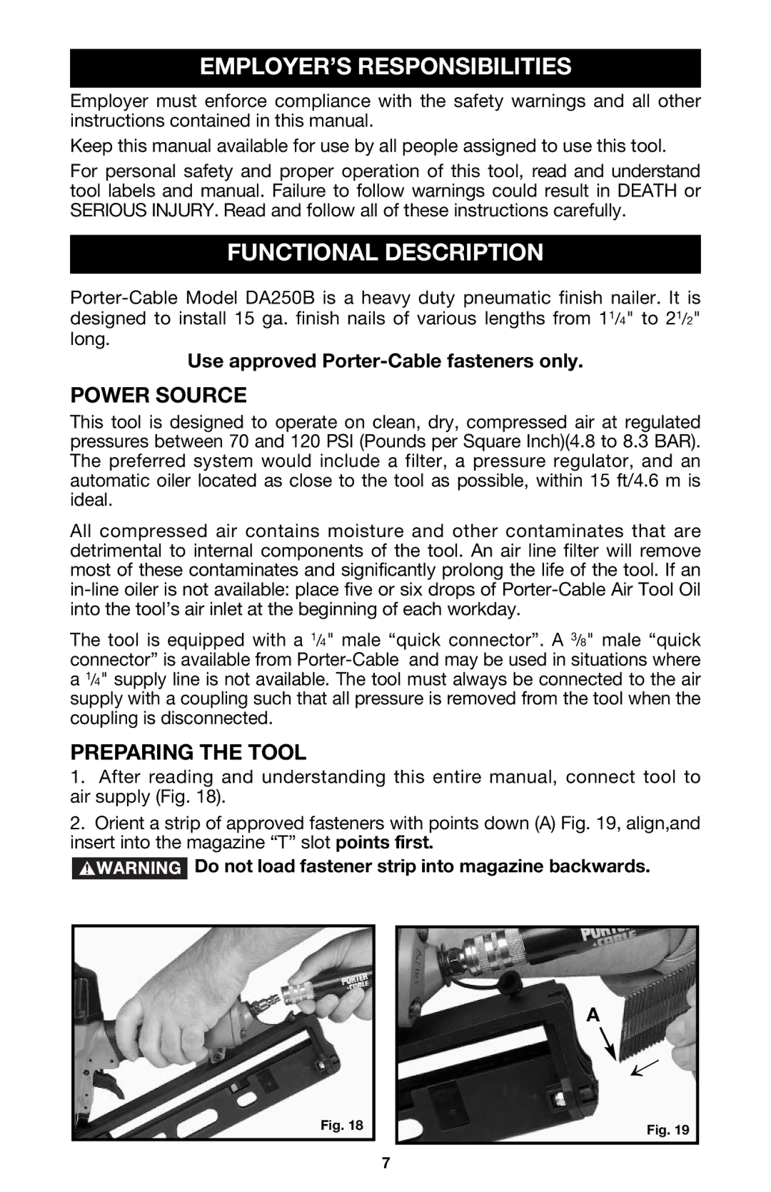 Porter-Cable DA250B EMPLOYER’S Responsibilities, Functional Description, Power Source, Preparing the Tool 