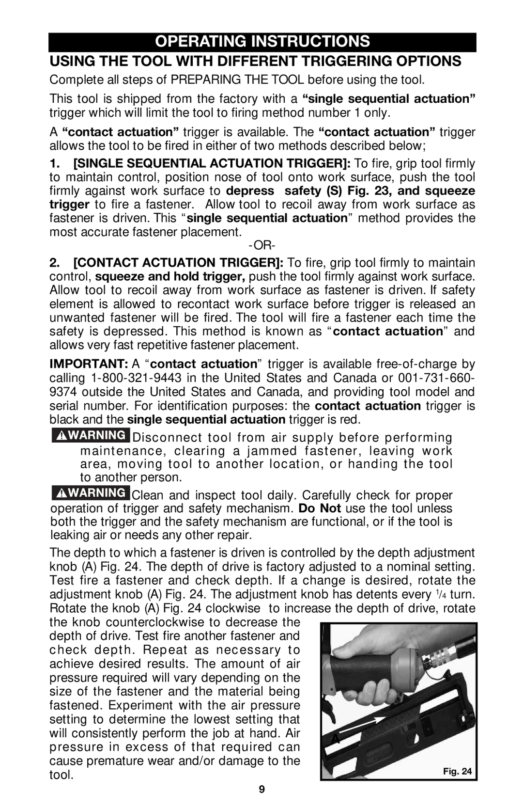 Porter-Cable DA250B instruction manual Operating Instructions, Using the Tool with Different Triggering Options 