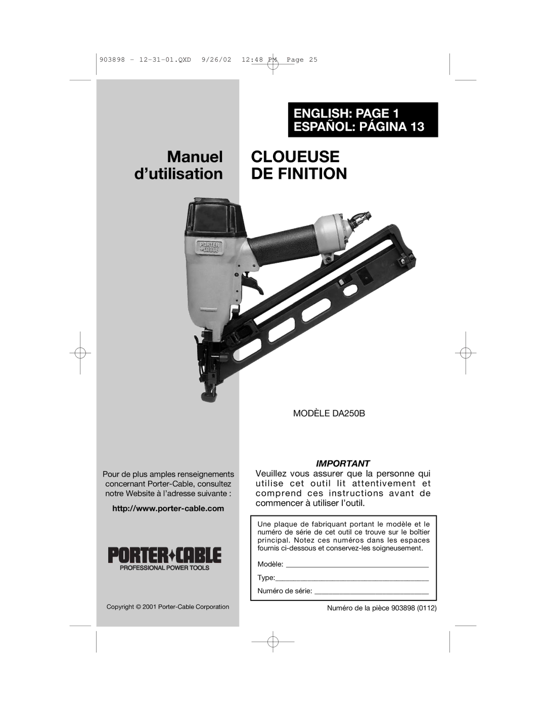 Porter-Cable DA250B manuel dutilisation Cloueuse 