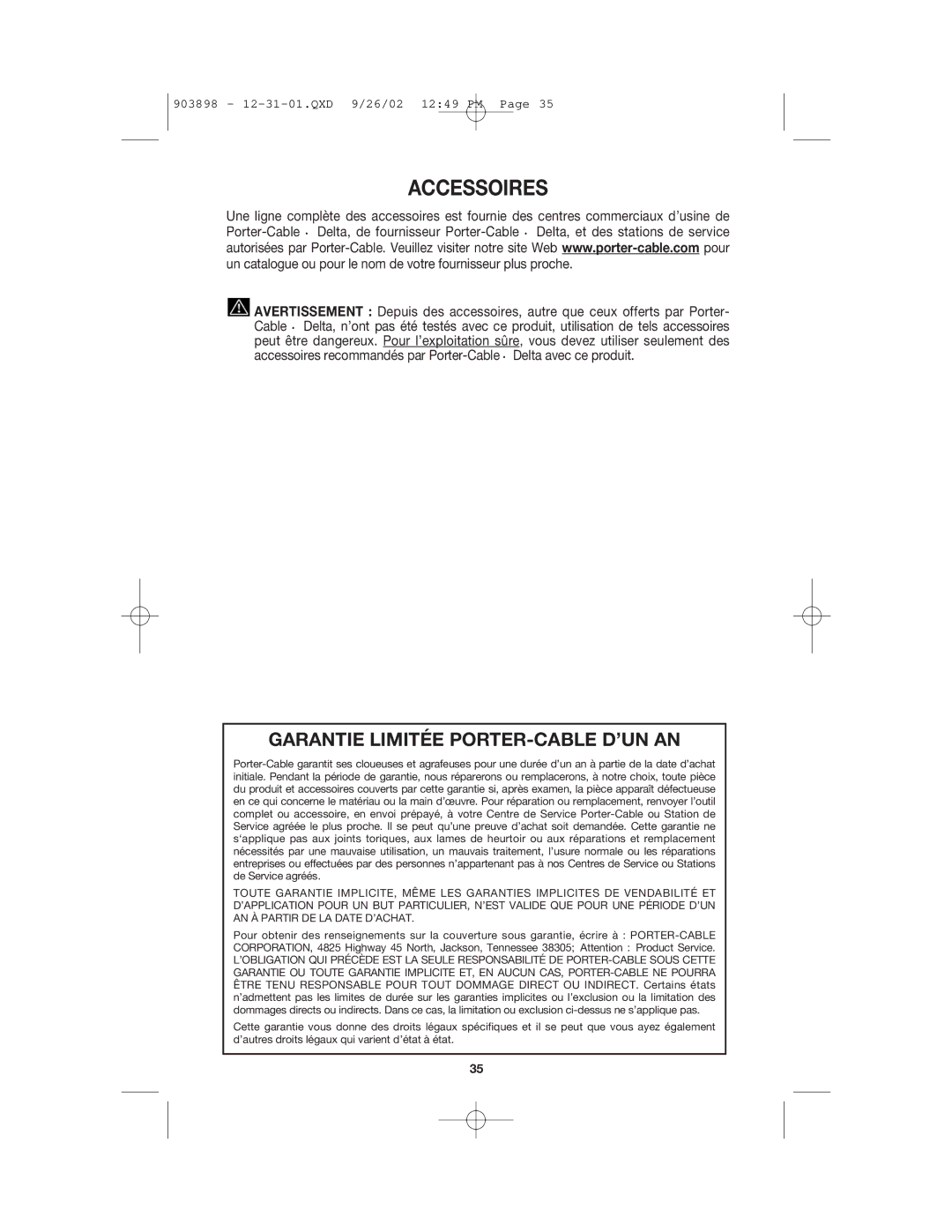 Porter-Cable DA250B manuel dutilisation Accessoires, Garantie Limitée PORTER-CABLE D’UN AN 