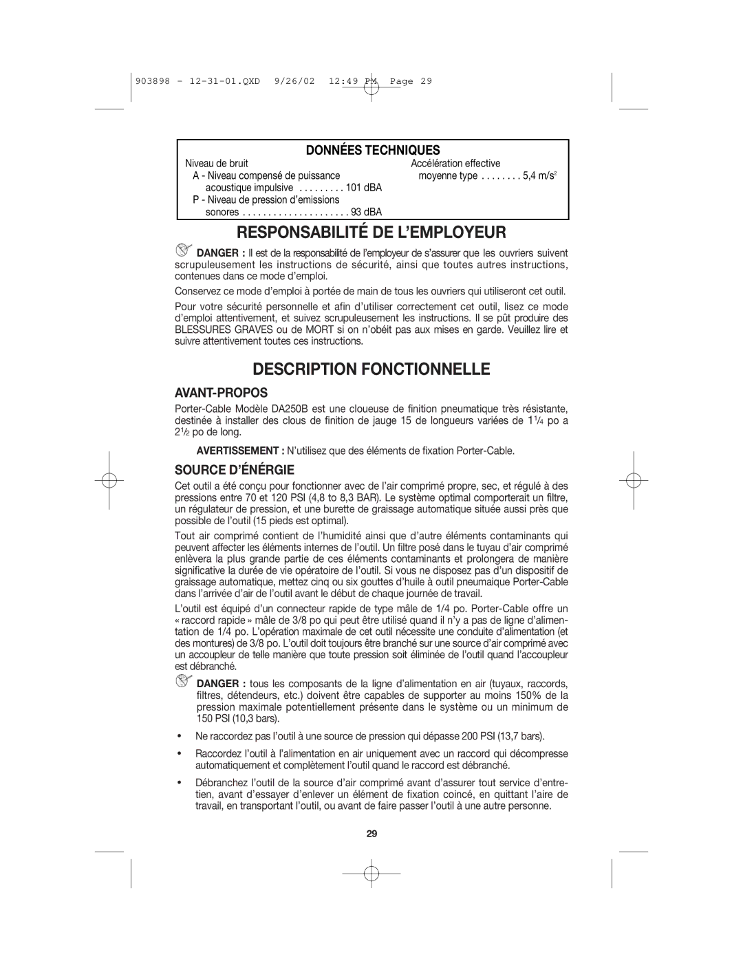 Porter-Cable DA250B Responsabilité DE L’EMPLOYEUR, Description Fonctionnelle, Avant-Propos, Source D’ÉNÉRGIE 