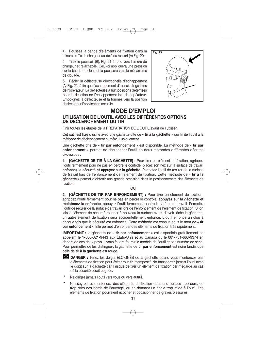 Porter-Cable DA250B manuel dutilisation Mode D’EMPLOI, Ne dirigez jamais l’outil vers vous ou vers autrui 