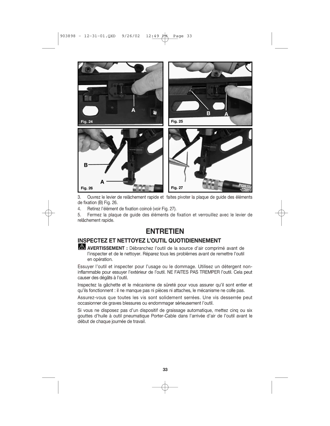 Porter-Cable DA250B manuel dutilisation Entretien, Inspectez ET Nettoyez L’OUTIL Quotidiennement 