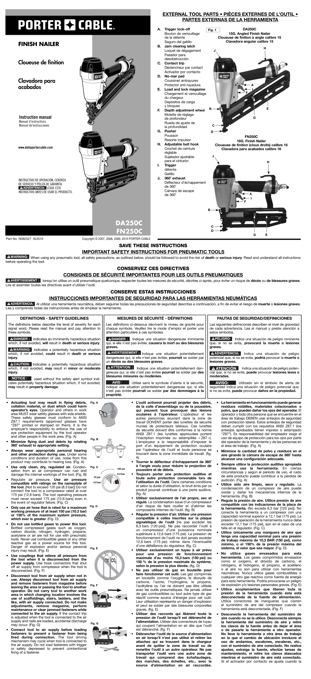 Porter-Cable FN250C instruction manual Important Safety Instructions for Pneumatic Tools, Definitions Safety Guidelines 