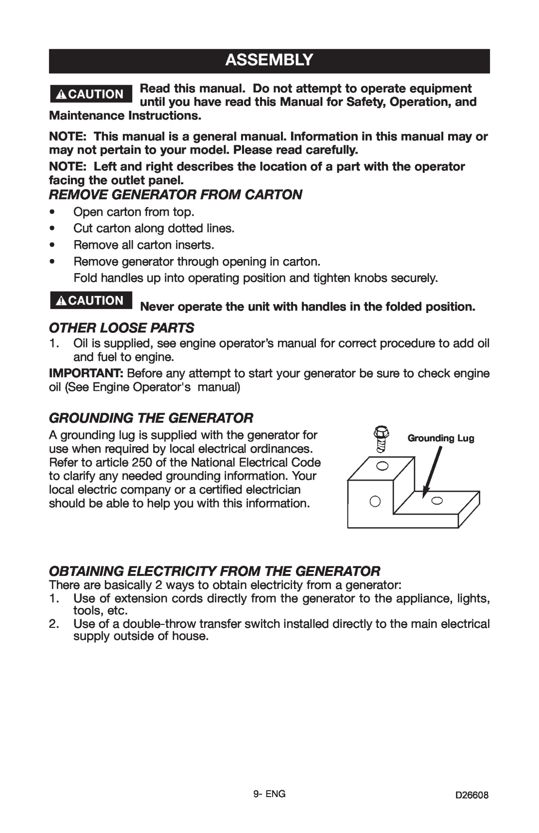 Porter-Cable DBSI325 instruction manual Assembly, Remove Generator From Carton, Other Loose Parts, Grounding The Generator 
