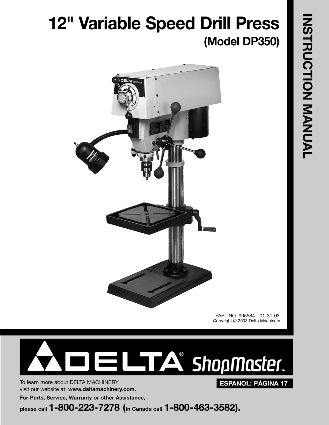 Porter-Cable DP350 instruction manual Variable Speed Drill Press 