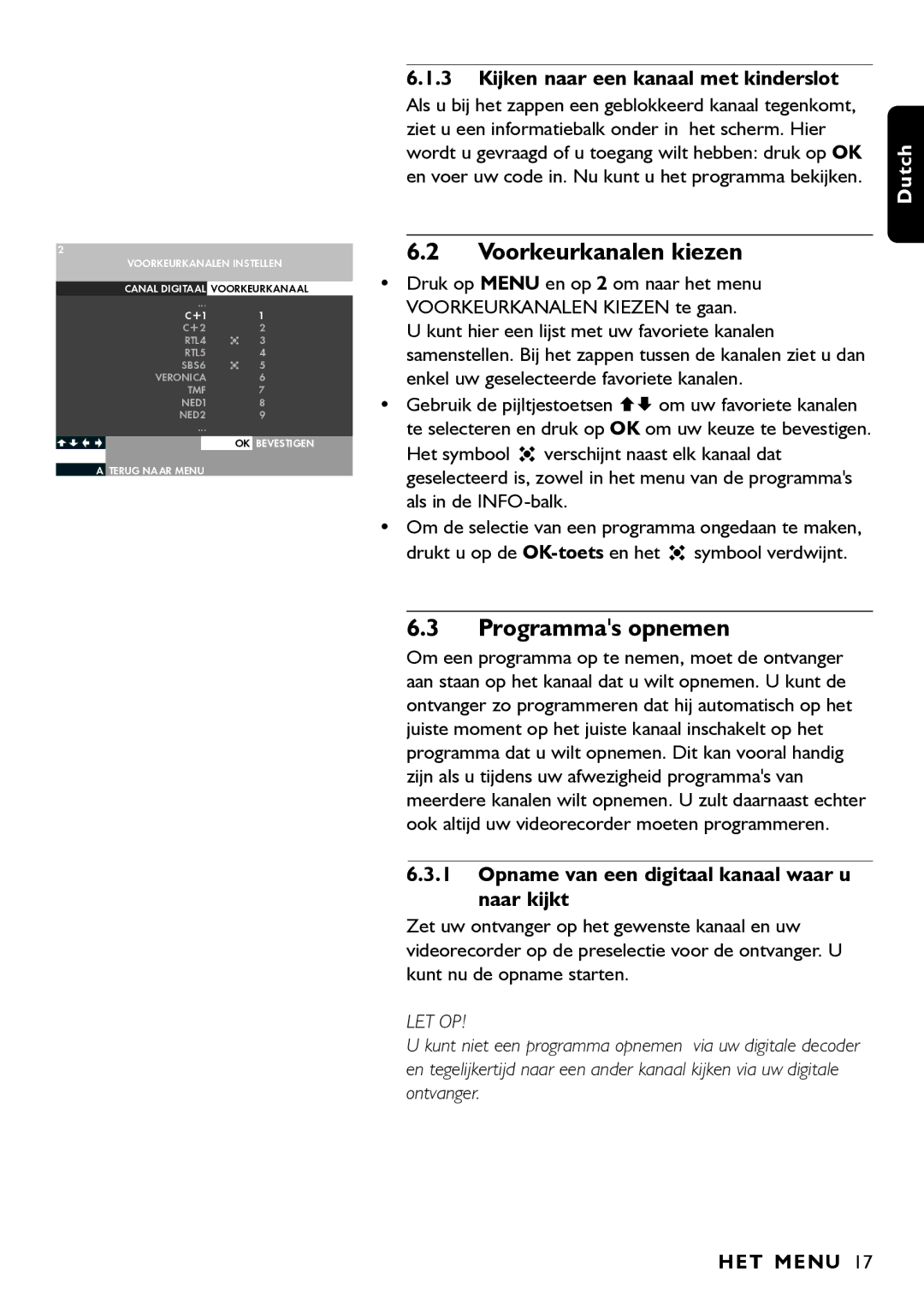 Porter-Cable DSR2210 manual Voorkeurkanalen kiezen, Programmas opnemen, Kijken naar een kanaal met kinderslot 