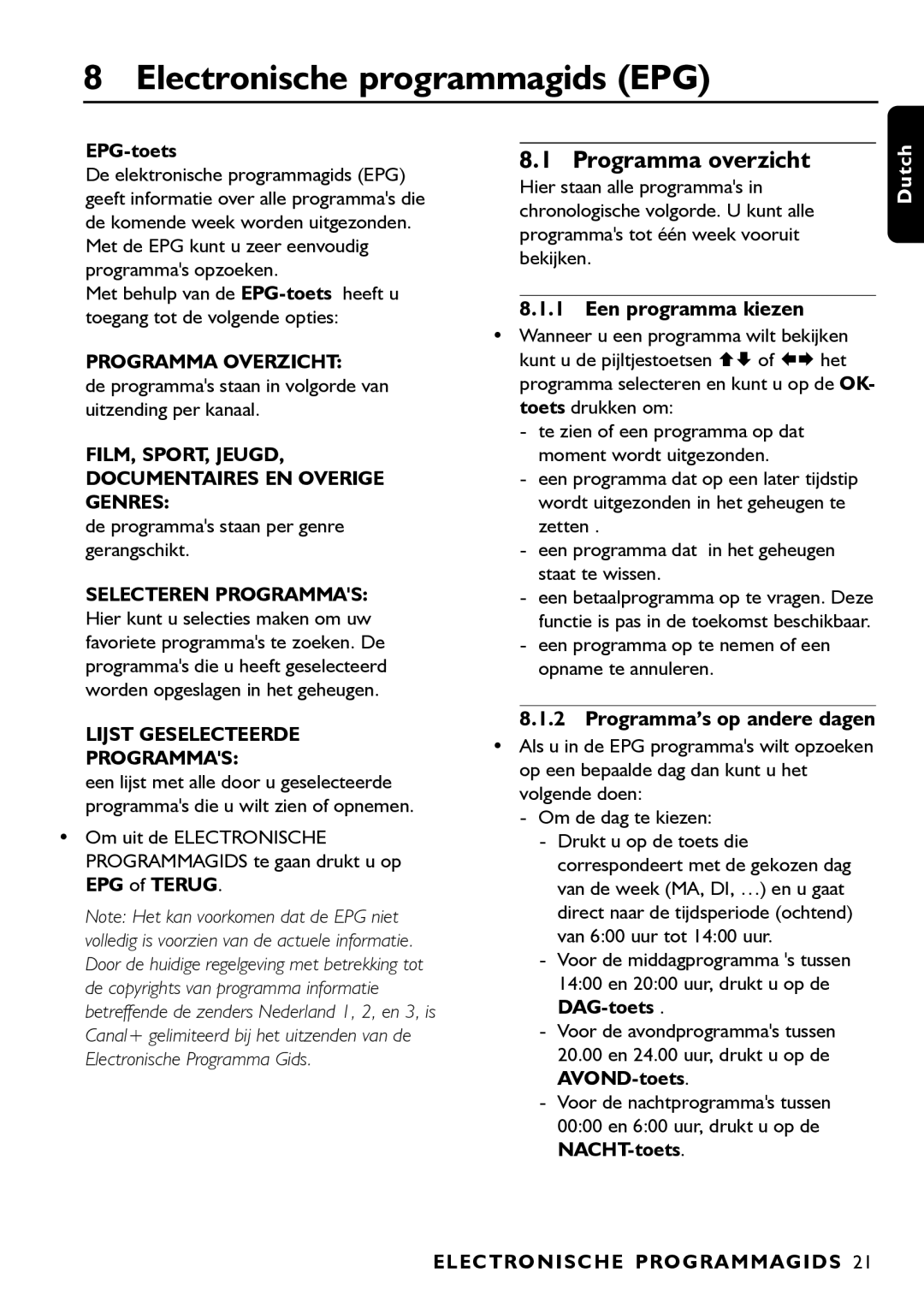 Porter-Cable DSR2210 manual Electronische programmagids EPG, Programma overzicht, Een programma kiezen 