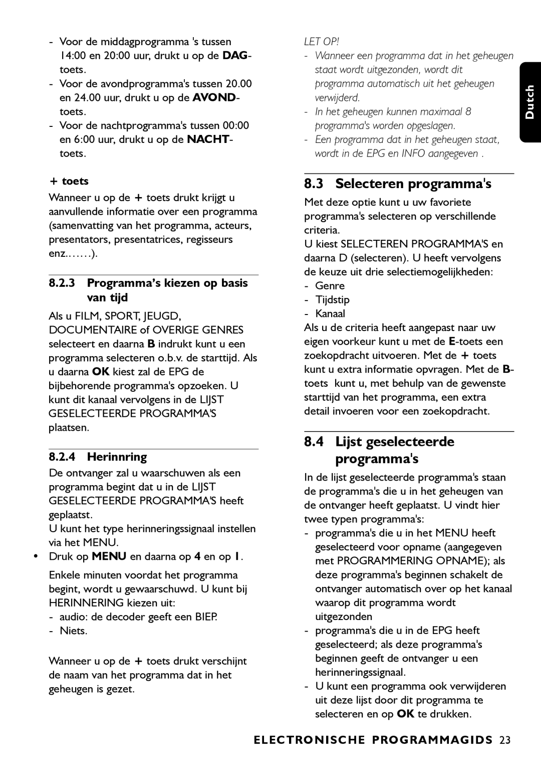 Porter-Cable DSR2210 manual Selecteren programmas, Programma’s kiezen op basis van tijd, Herinnring, Genre Tijdstip Kanaal 