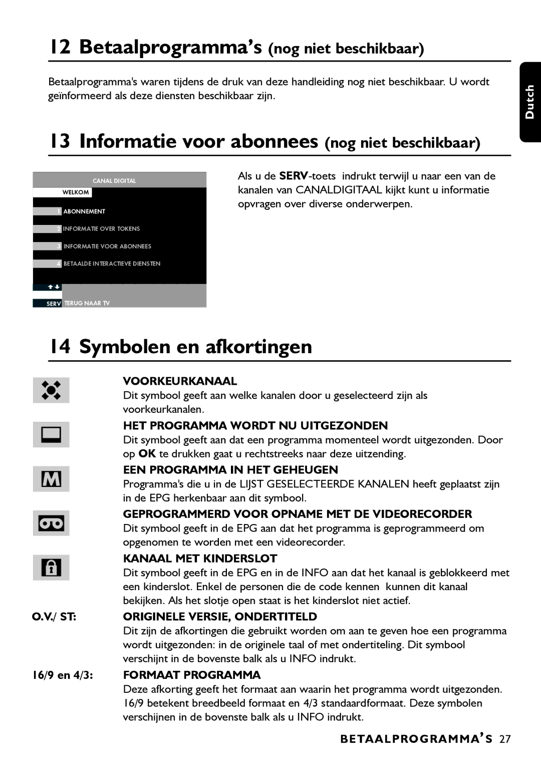 Porter-Cable DSR2210 manual Informatie voor abonnees nog niet beschikbaar, Symbolen en afkortingen 