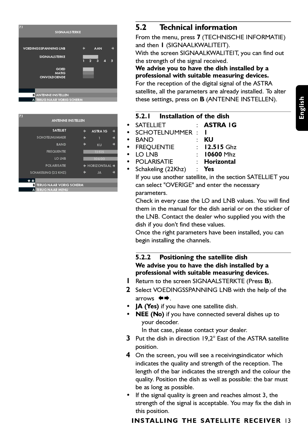 Porter-Cable DSR2210 manual Technical information, Installation of the dish, Positioning the satellite dish, Yes 