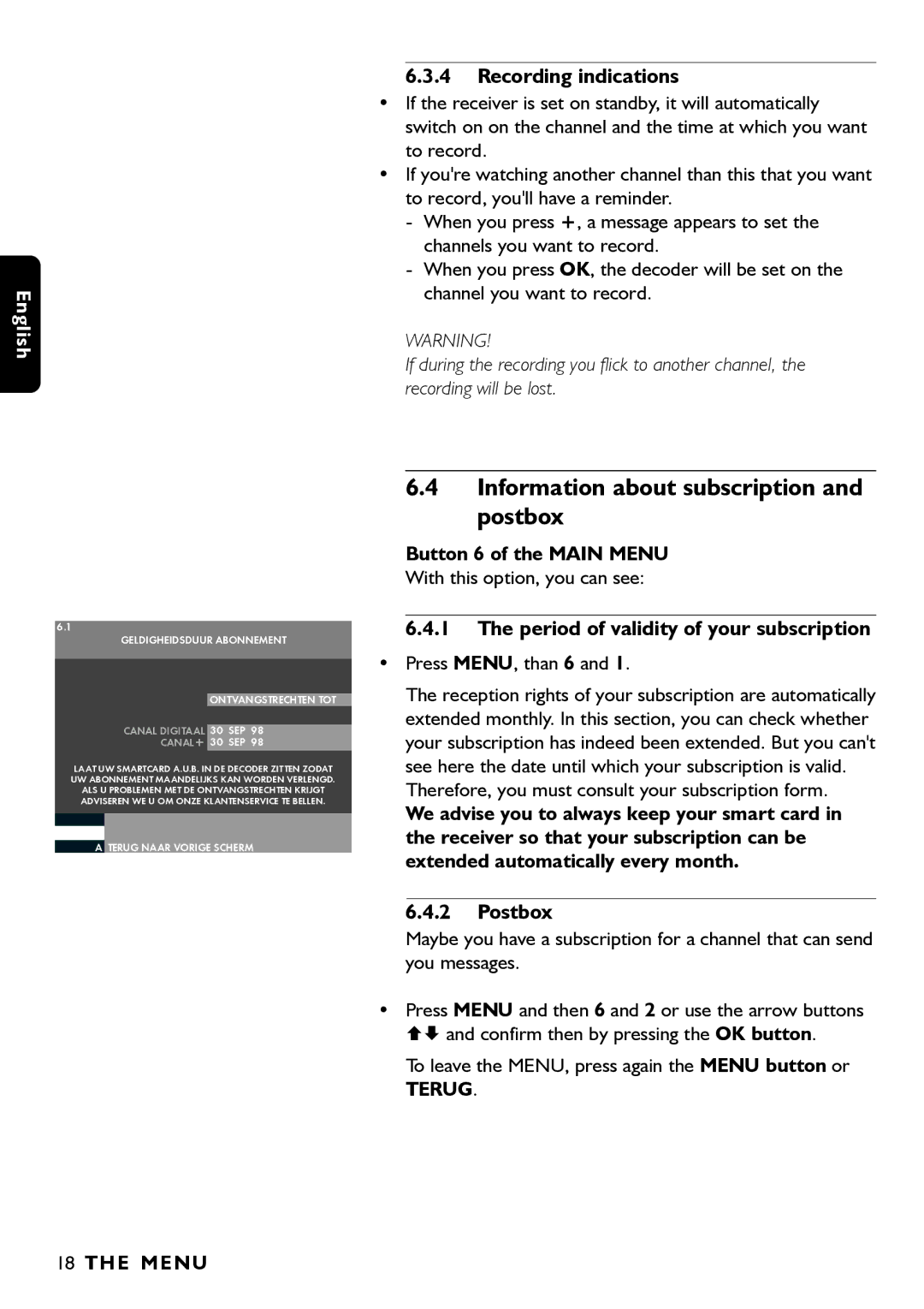 Porter-Cable DSR2210 manual Information about subscription and postbox, Recording indications, Postbox, Terug Menu 