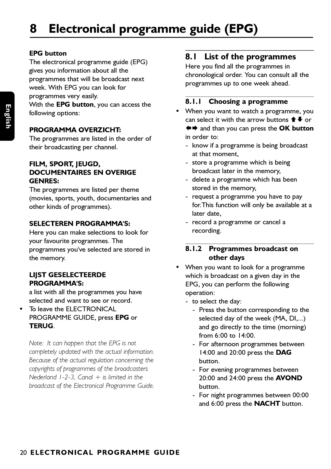 Porter-Cable DSR2210 manual Electronical programme guide EPG, List of the programmes, Choosing a programme 