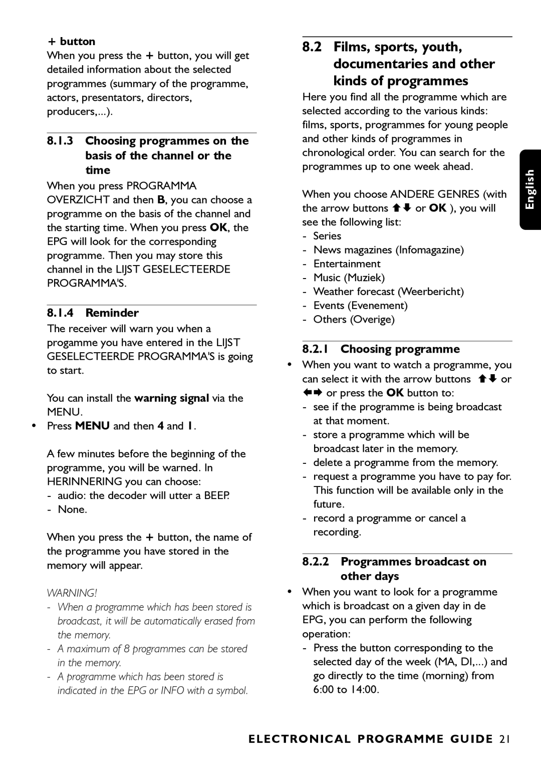 Porter-Cable DSR2210 manual Kinds of programmes, Choosing programmes on the basis of the channel or the time, Reminder 