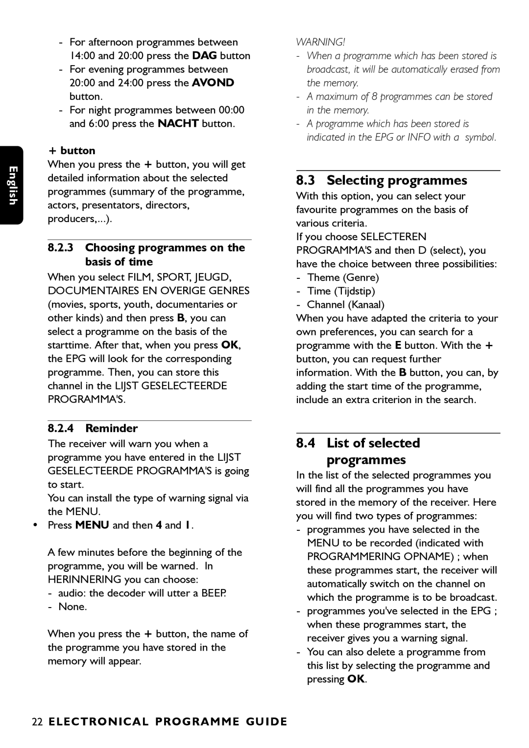 Porter-Cable DSR2210 manual Selecting programmes, List of selected programmes, Choosing programmes on the basis of time 