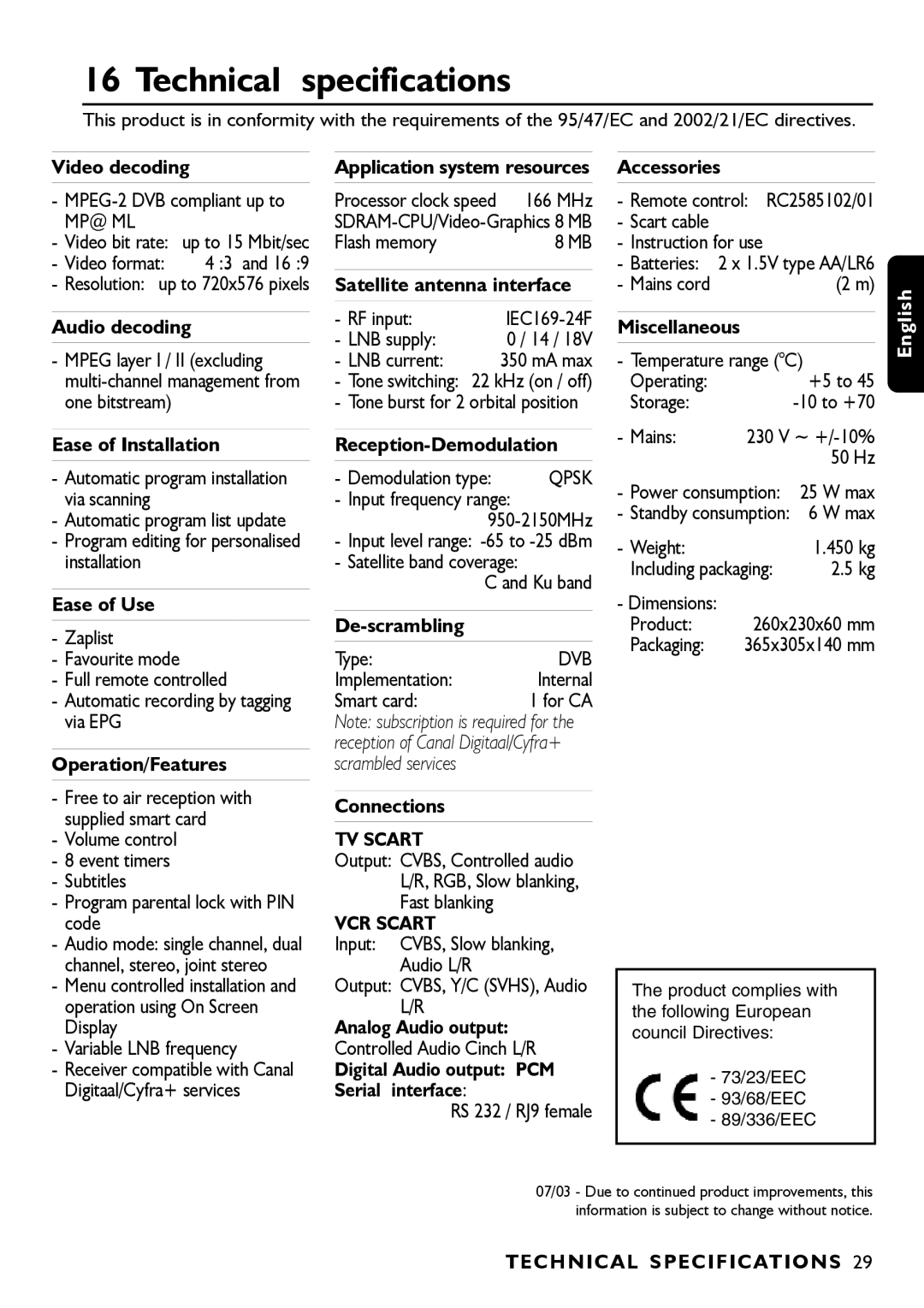 Porter-Cable DSR2210 manual Technical specifications, TV Scart, VCR Scart, Technical Specifications 