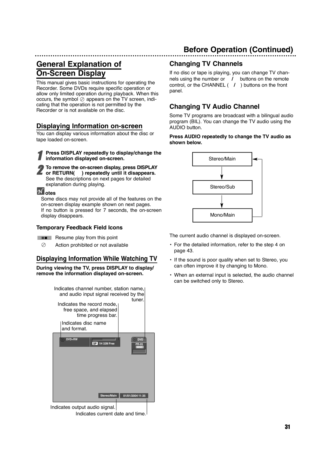 Porter-Cable DVDR630VR manual General Explanation On-Screen Display, Displaying Information on-screen, Changing TV Channels 