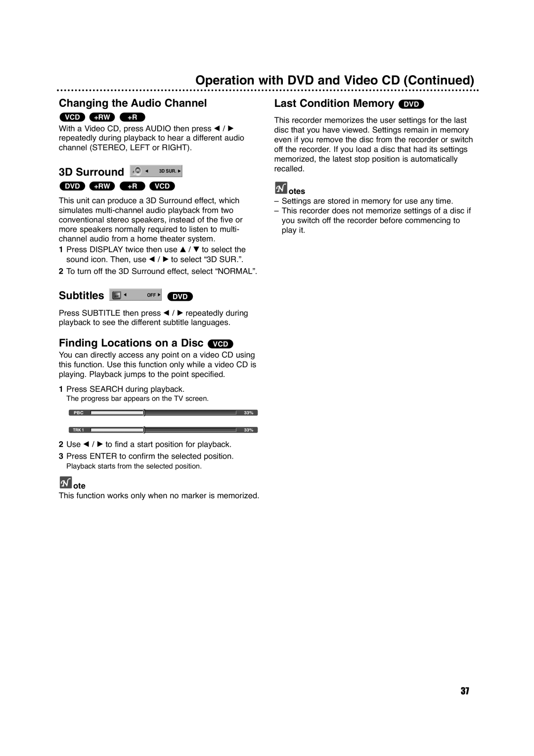 Porter-Cable DVDR630VR manual Operation with DVD and Video CD 