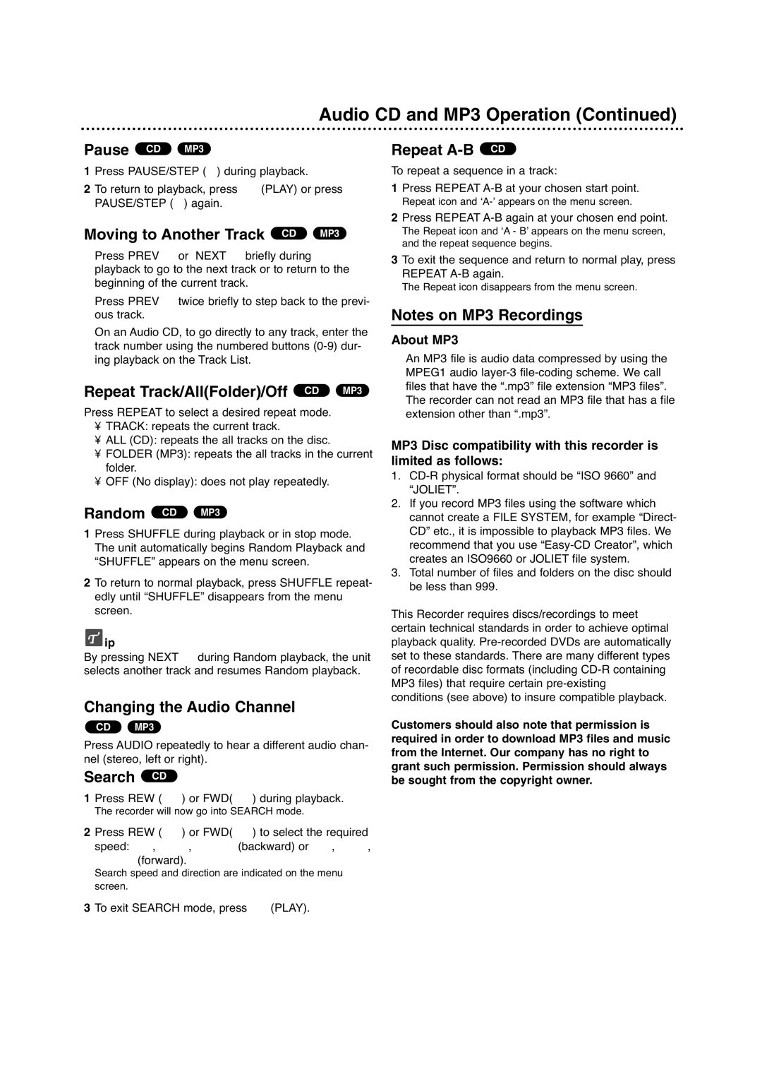 Porter-Cable DVDR630VR manual Audio CD and MP3 Operation 