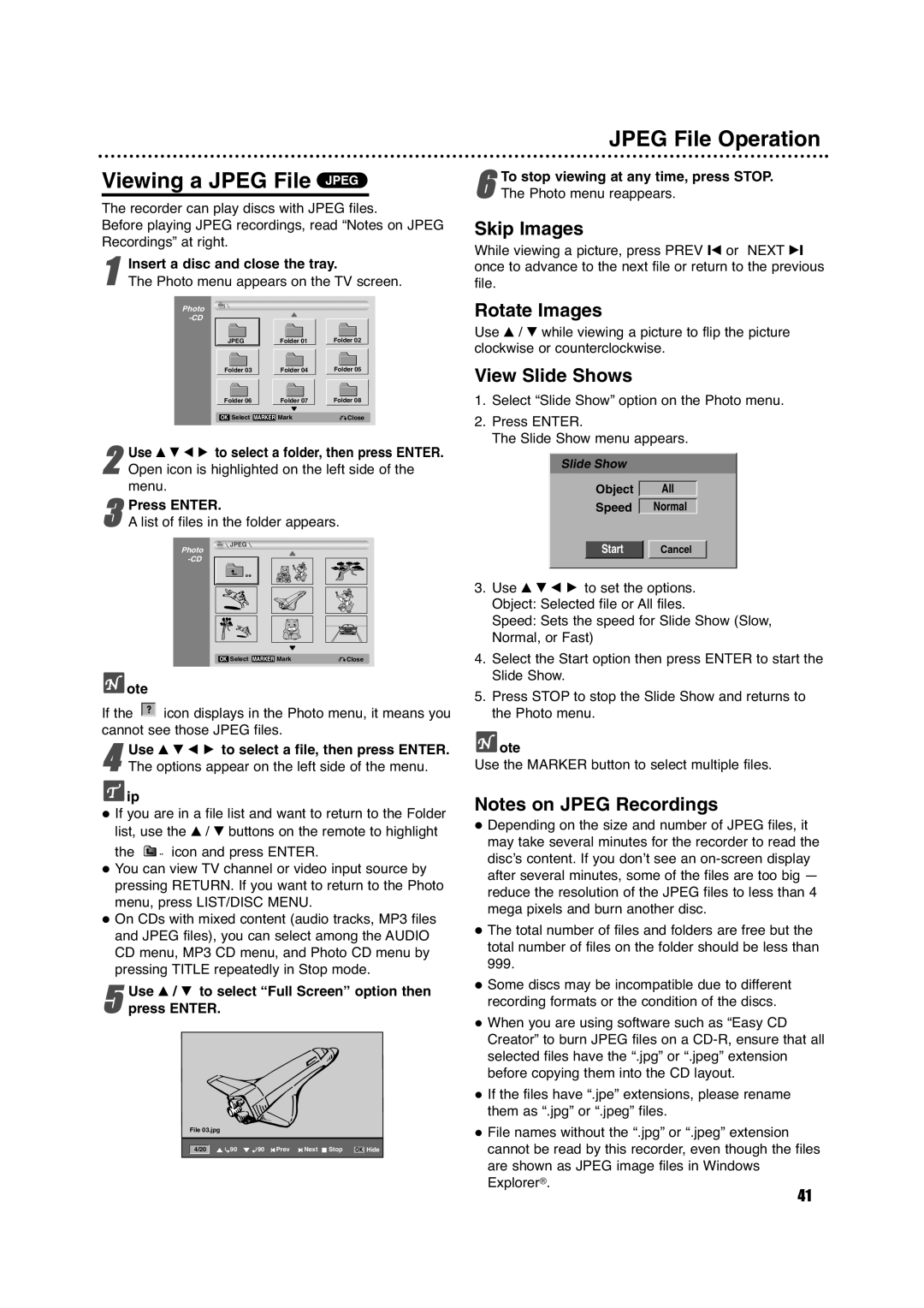 Porter-Cable DVDR630VR manual Viewing a Jpeg File Jpeg, Jpeg File Operation, Skip Images, Rotate Images, View Slide Shows 