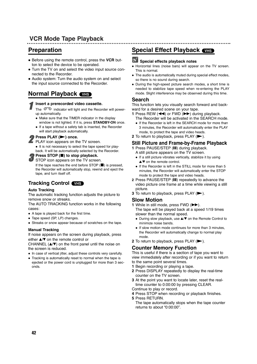 Porter-Cable DVDR630VR manual VCR Mode Tape Playback Preparation, Normal Playback VHS, Special Effect Playback VHS 