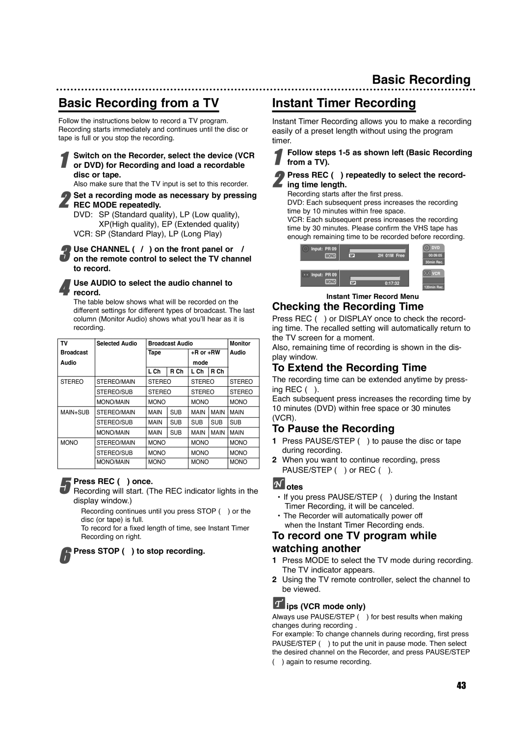 Porter-Cable DVDR630VR manual Basic Recording from a TV, Basic Recording Instant Timer Recording 