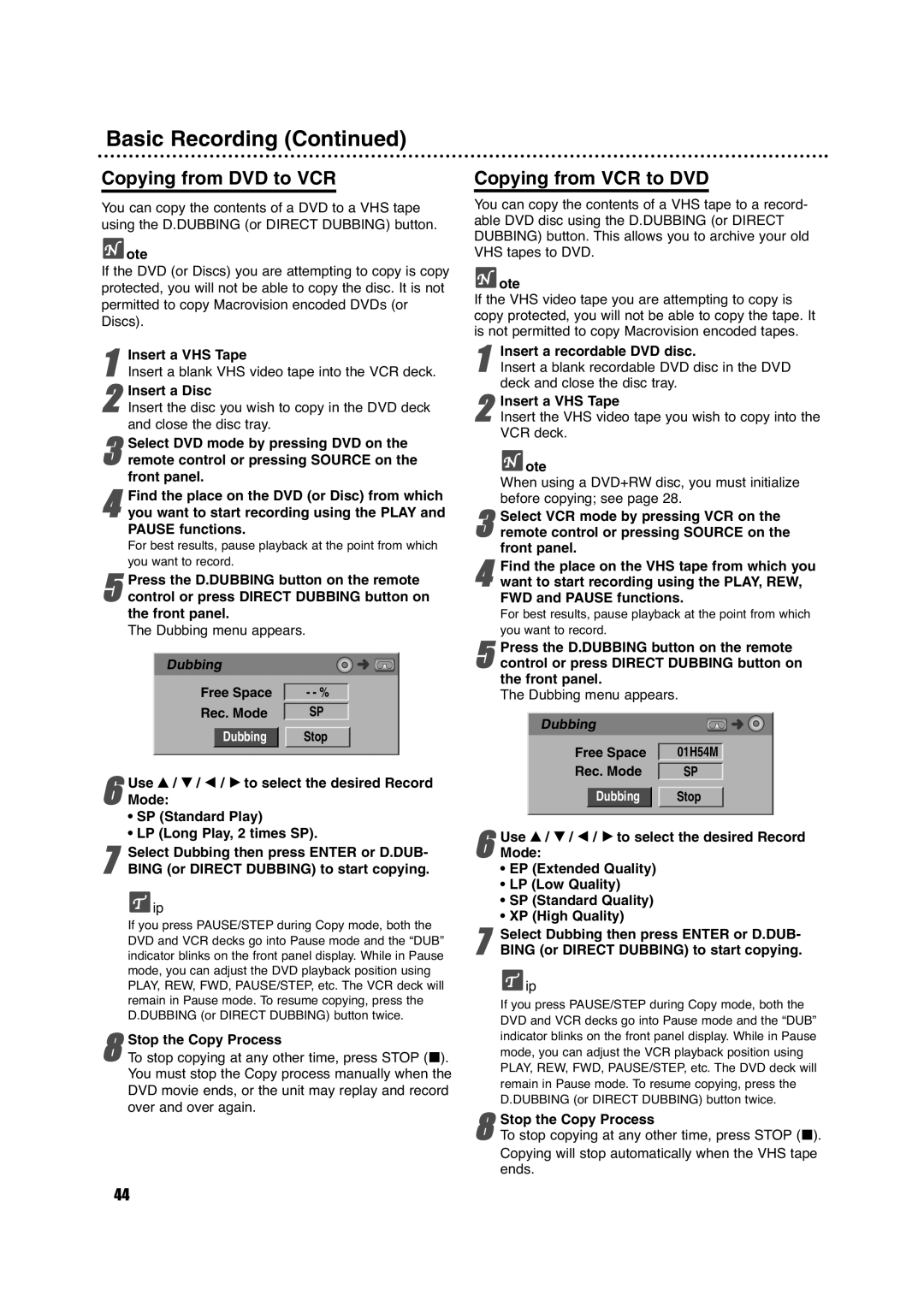 Porter-Cable DVDR630VR manual Basic Recording, Copying from DVD to VCR, Copying from VCR to DVD 