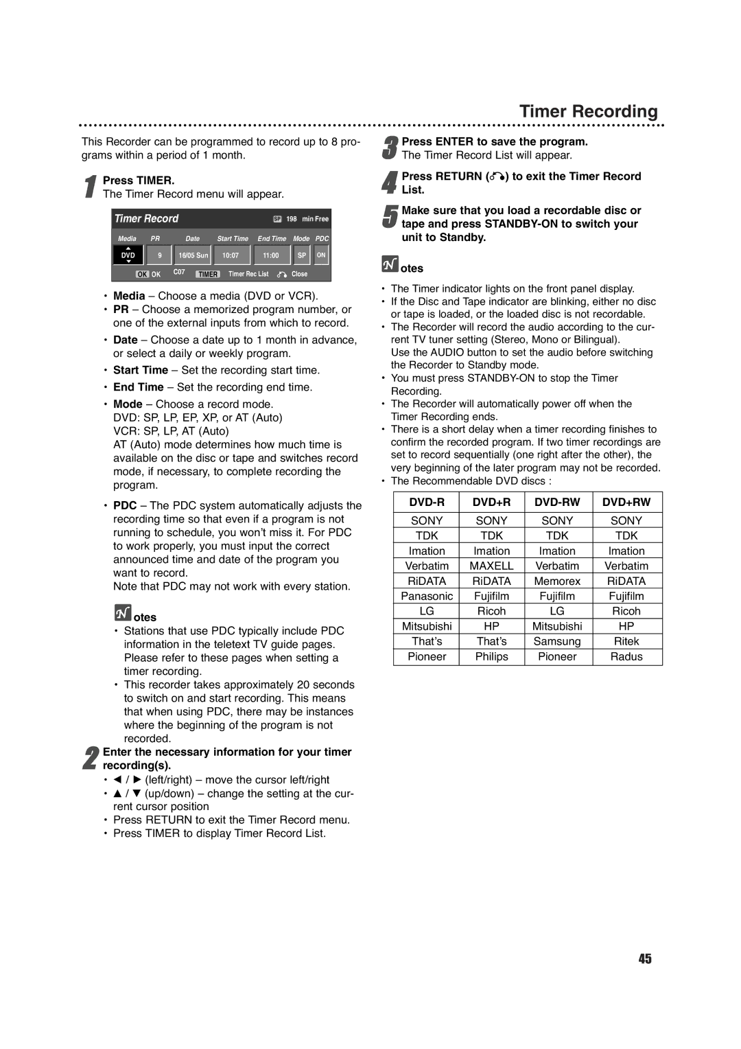 Porter-Cable DVDR630VR manual Timer Recording 