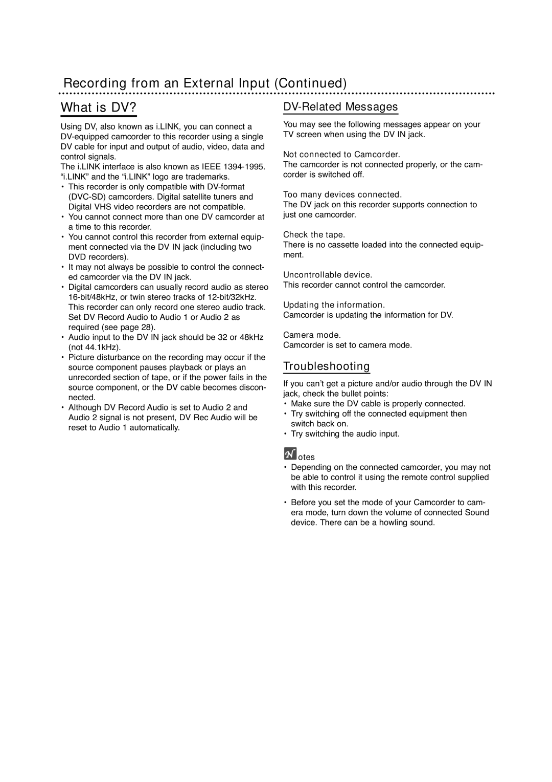 Porter-Cable DVDR630VR manual Recording from an External Input What is DV?, DV-Related Messages, Troubleshooting 