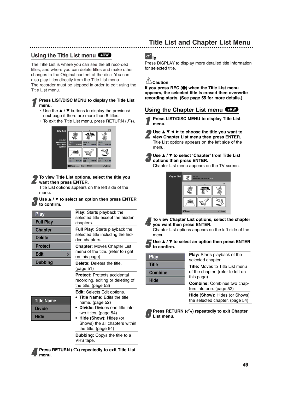 Porter-Cable DVDR630VR Title List and Chapter List Menu, Using the Title List menu +RW, Using the Chapter List menu +RW 