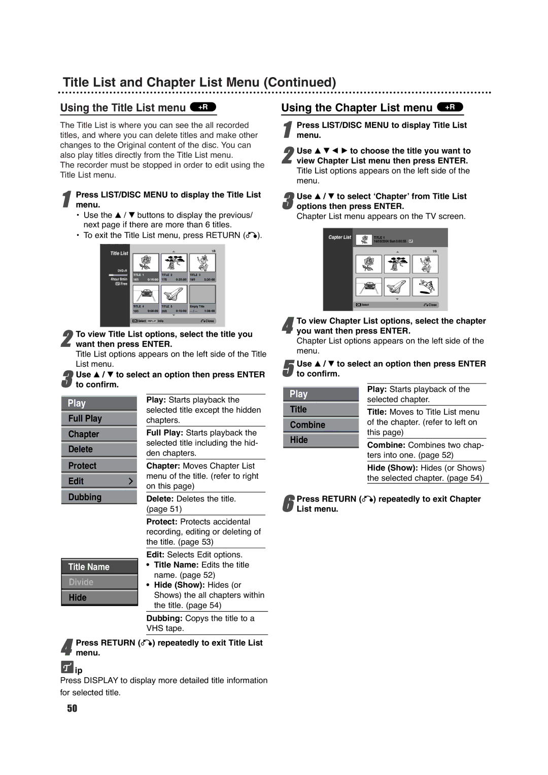 Porter-Cable DVDR630VR manual Using the Title List menu +R, Using the Chapter List menu +R 