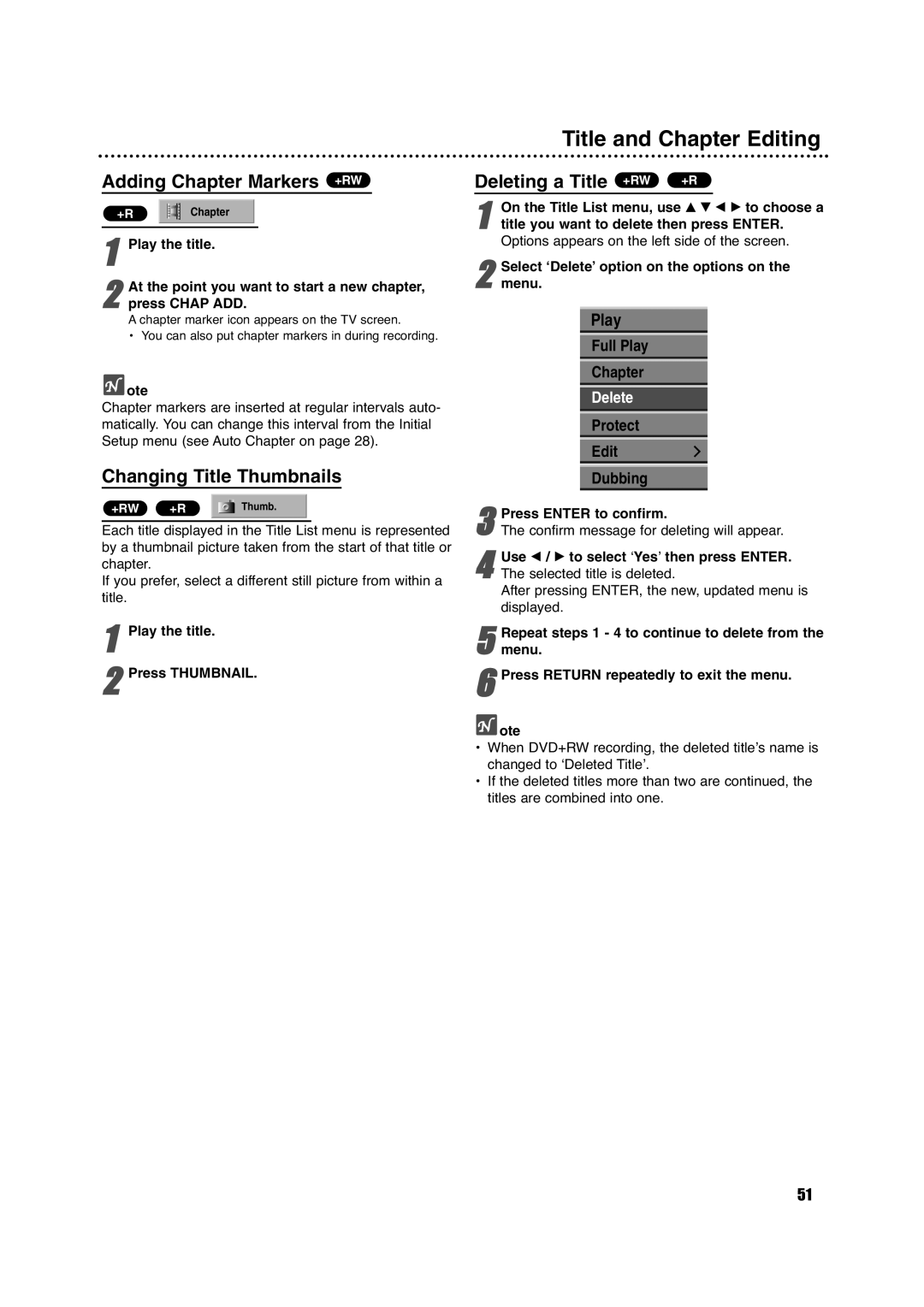 Porter-Cable DVDR630VR Adding Chapter Markers +RW, Changing Title Thumbnails, Deleting a Title +RW +R, Full Play Chapter 