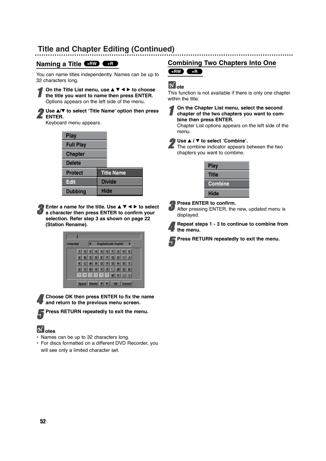 Porter-Cable DVDR630VR manual Title and Chapter Editing, Naming a Title +RW +R, Combining Two Chapters Into One 