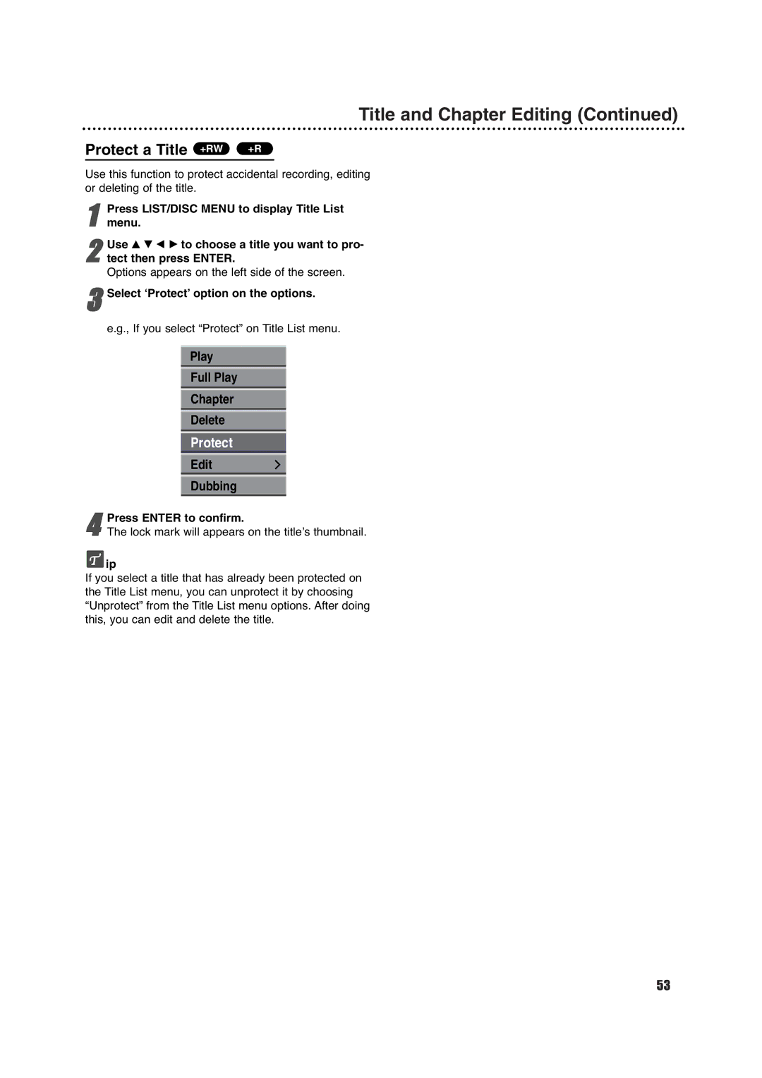 Porter-Cable DVDR630VR manual Play Full Play Chapter Delete, Edit Dubbing, Options appears on the left side of the screen 