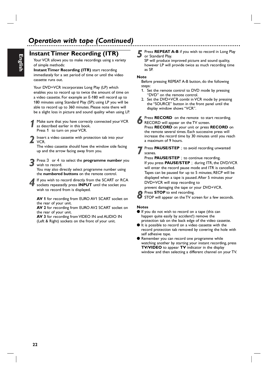 Porter-Cable DVP 3100V user manual Instant Timer Recording ITR 