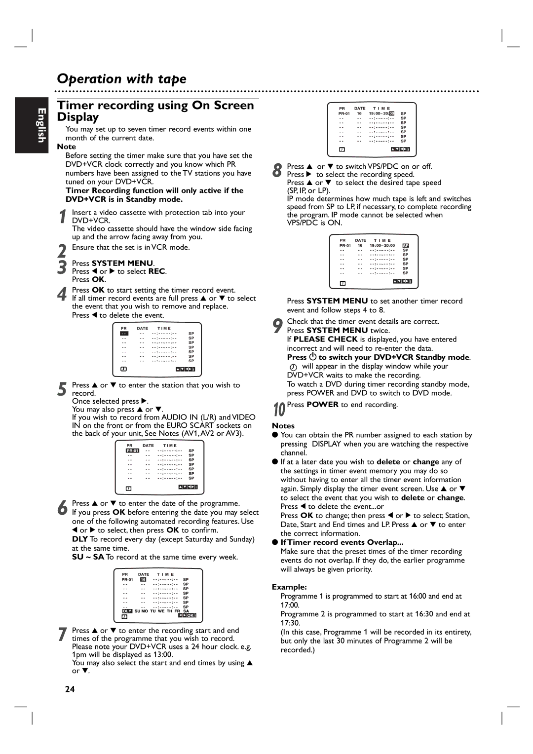 Porter-Cable DVP 3100V Timer recording using On Screen Display, Event that you wish to remove and replace, Example 