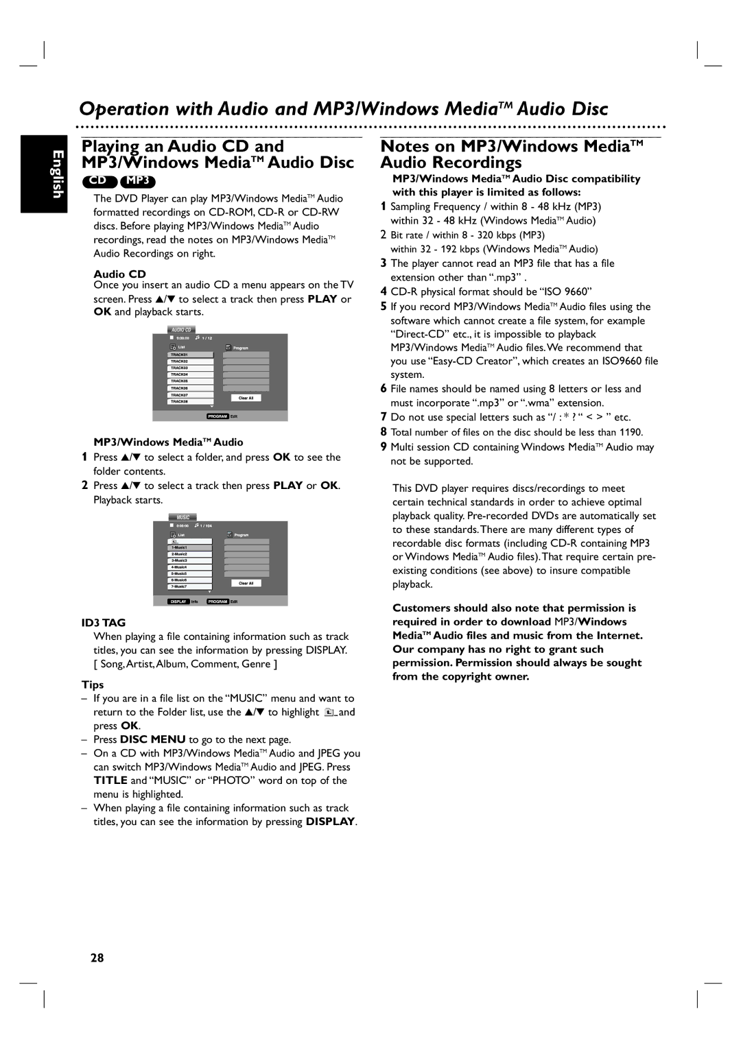 Porter-Cable DVP 3100V user manual Operation with Audio and MP3/Windows MediaTM Audio Disc, Audio CD, ID3 TAG 