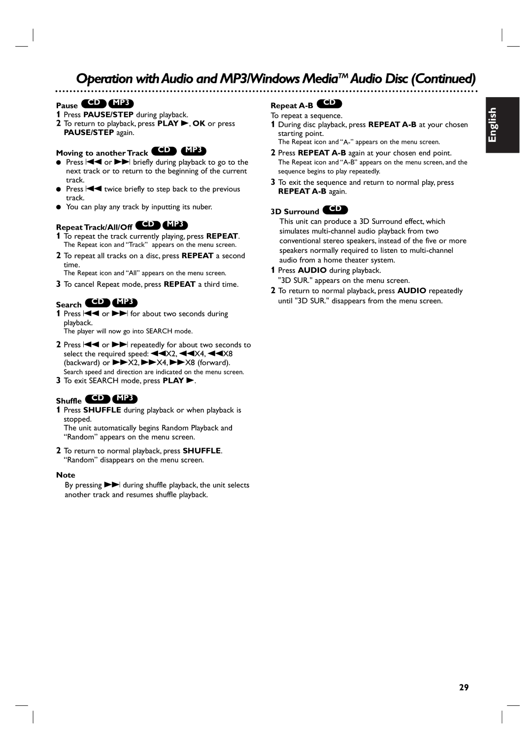 Porter-Cable DVP 3100V user manual Pause, PAUSE/STEP again Starting point, Search CD MP3, 3D Surround CD, Shuffle CD MP3 