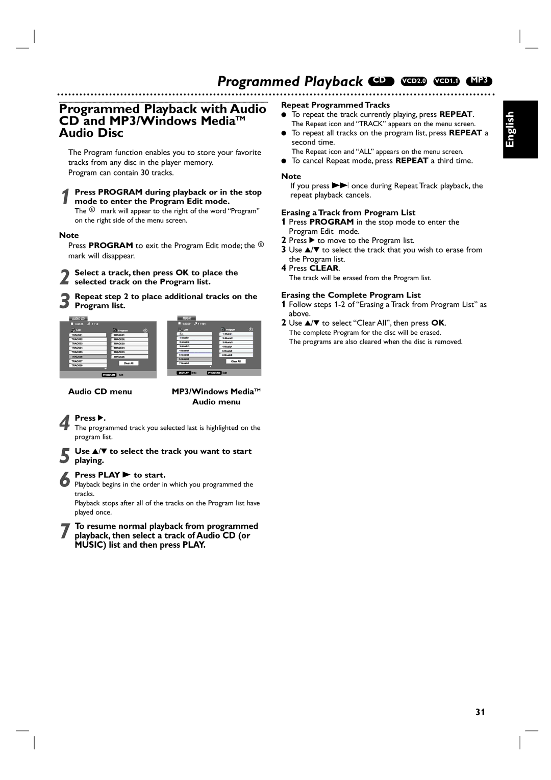 Porter-Cable DVP 3100V user manual Programmed Playback CD VCD2.0 VCD1.1 MP3, Erasing a Track from Program List 