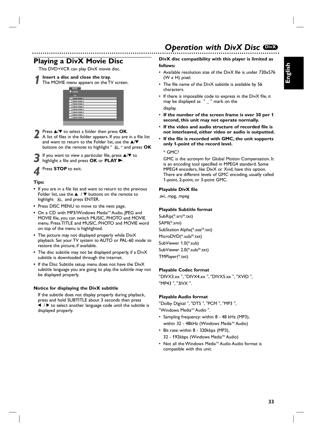 Porter-Cable DVP 3100V user manual Operation with DivX Disc DivX, Playing a DivX Movie Disc 