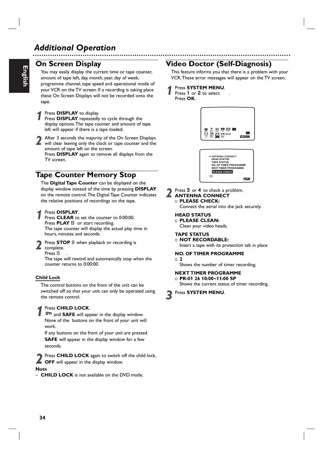 Porter-Cable DVP 3100V Additional Operation, On Screen Display, Tape Counter Memory Stop, Video Doctor Self-Diagnosis 