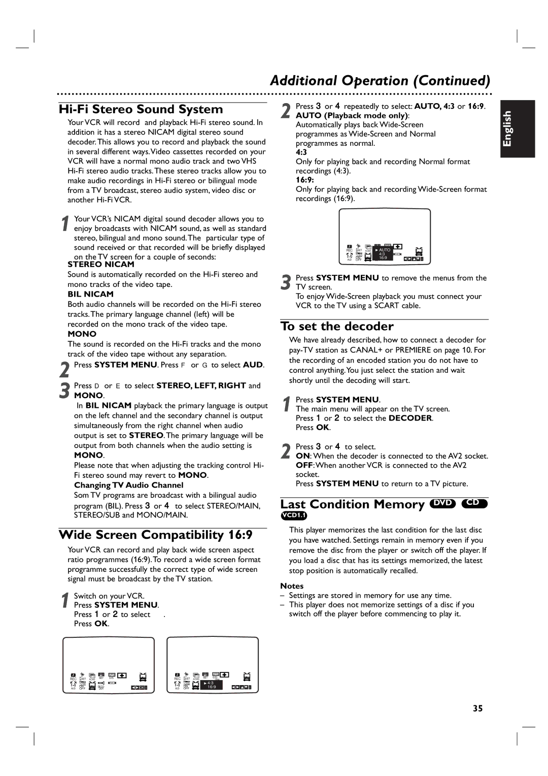 Porter-Cable DVP 3100V user manual Hi-Fi Stereo Sound System, Wide Screen Compatibility, To set the decoder 