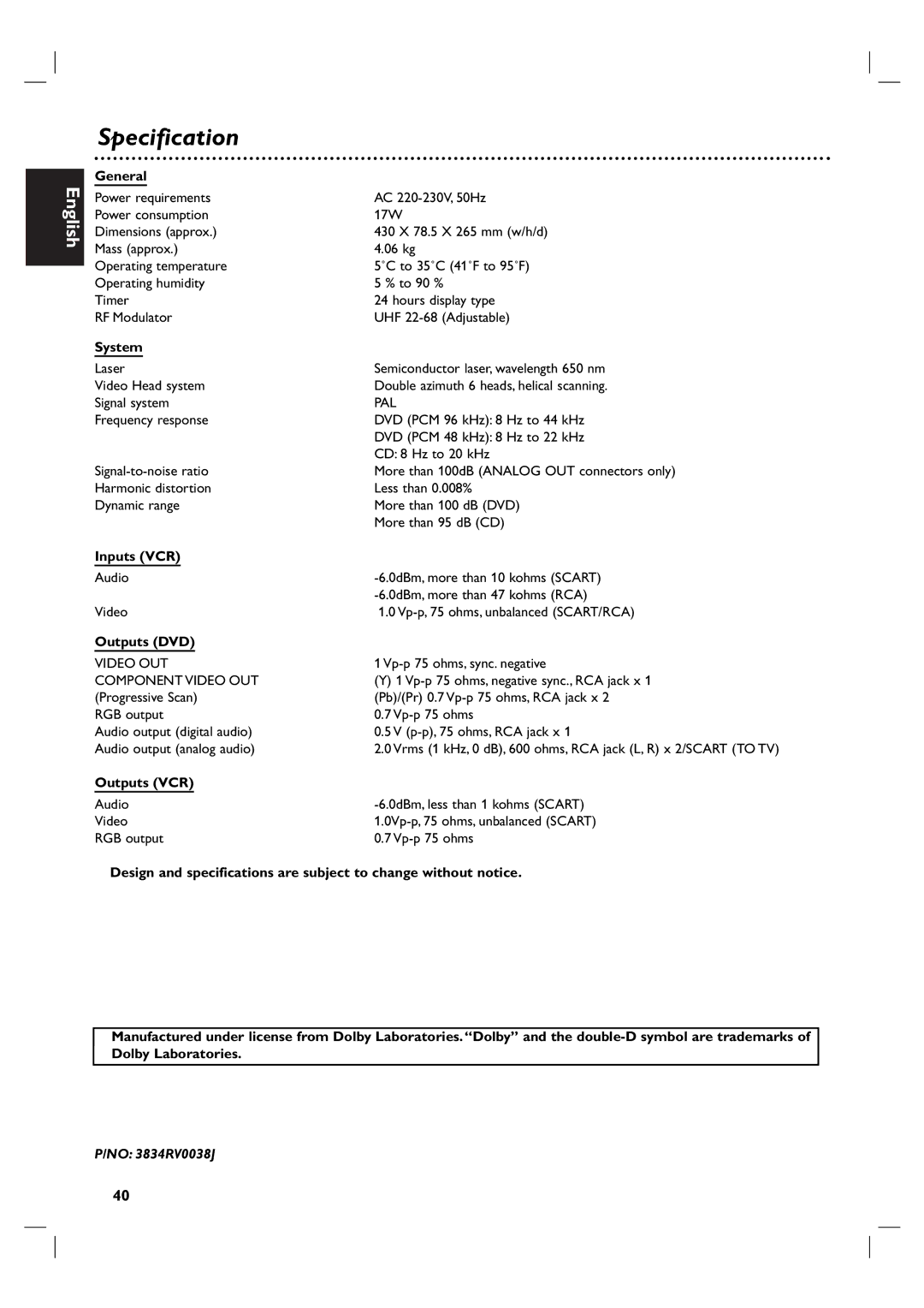 Porter-Cable DVP 3100V user manual Specification 