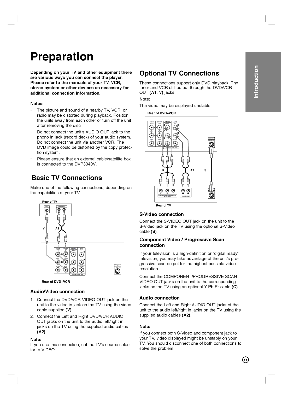 Porter-Cable DVP3340V/17 user manual Preparation, Basic TV Connections, Optional TV Connections 