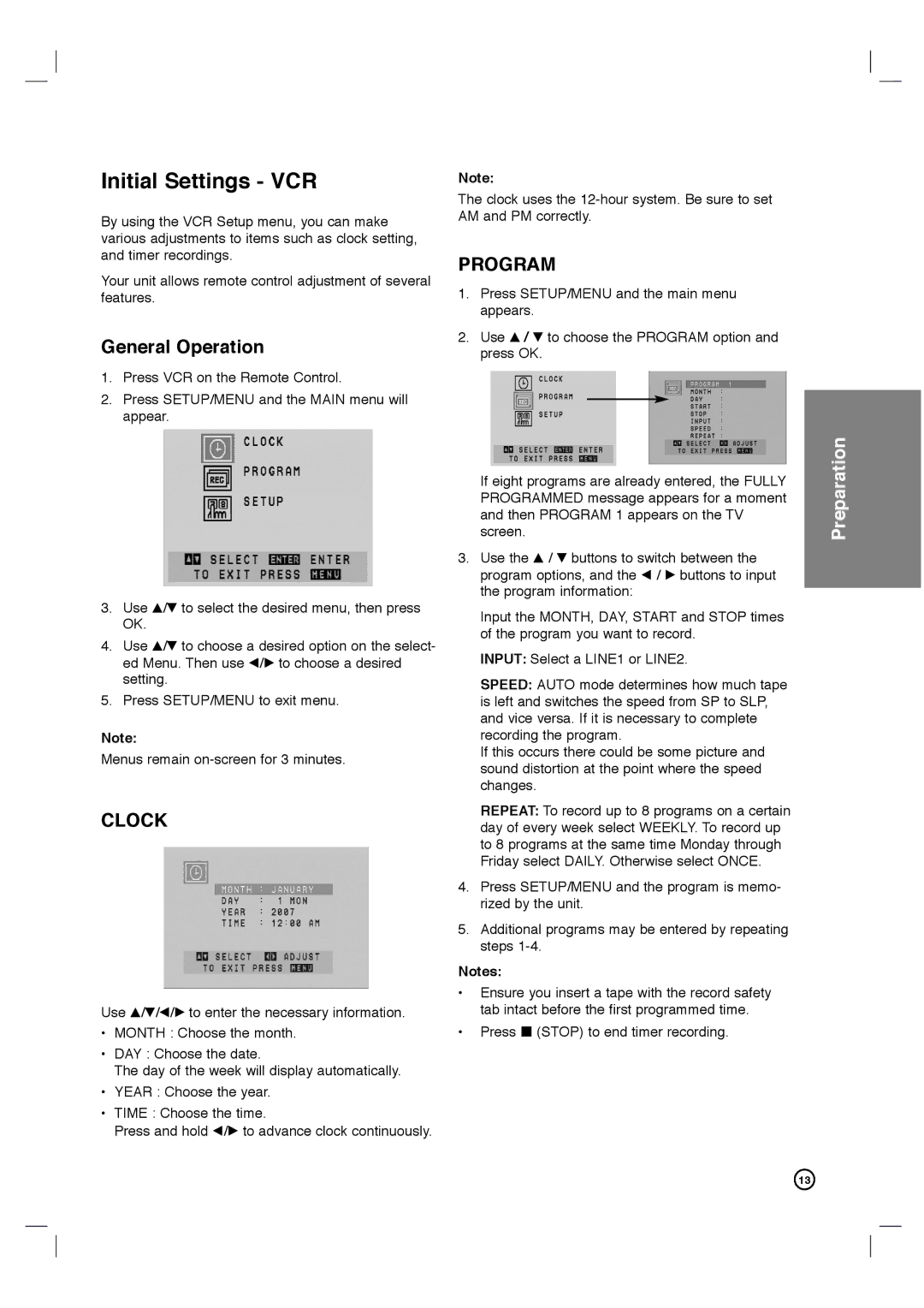 Porter-Cable DVP3340V/17 user manual Initial Settings VCR, General Operation 